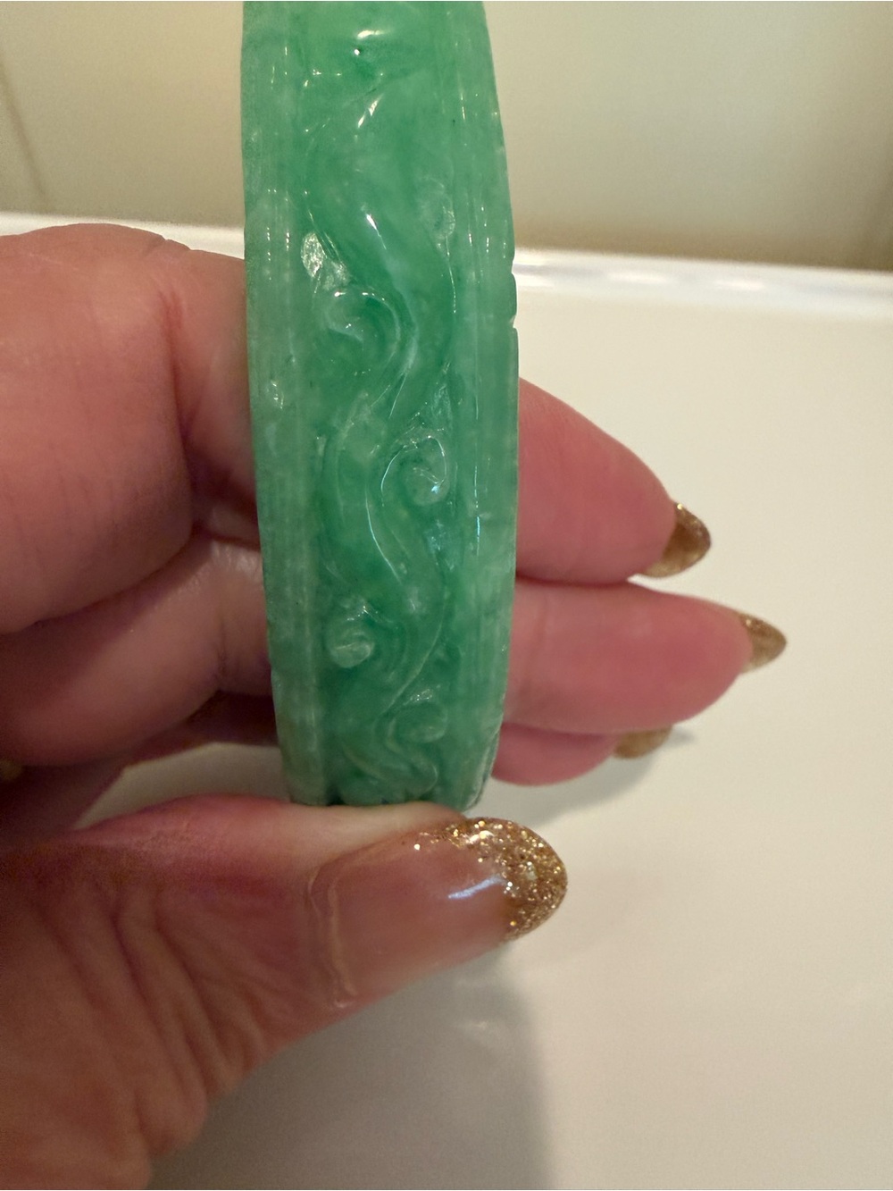 Carved Green Jade Bangle Bracelet